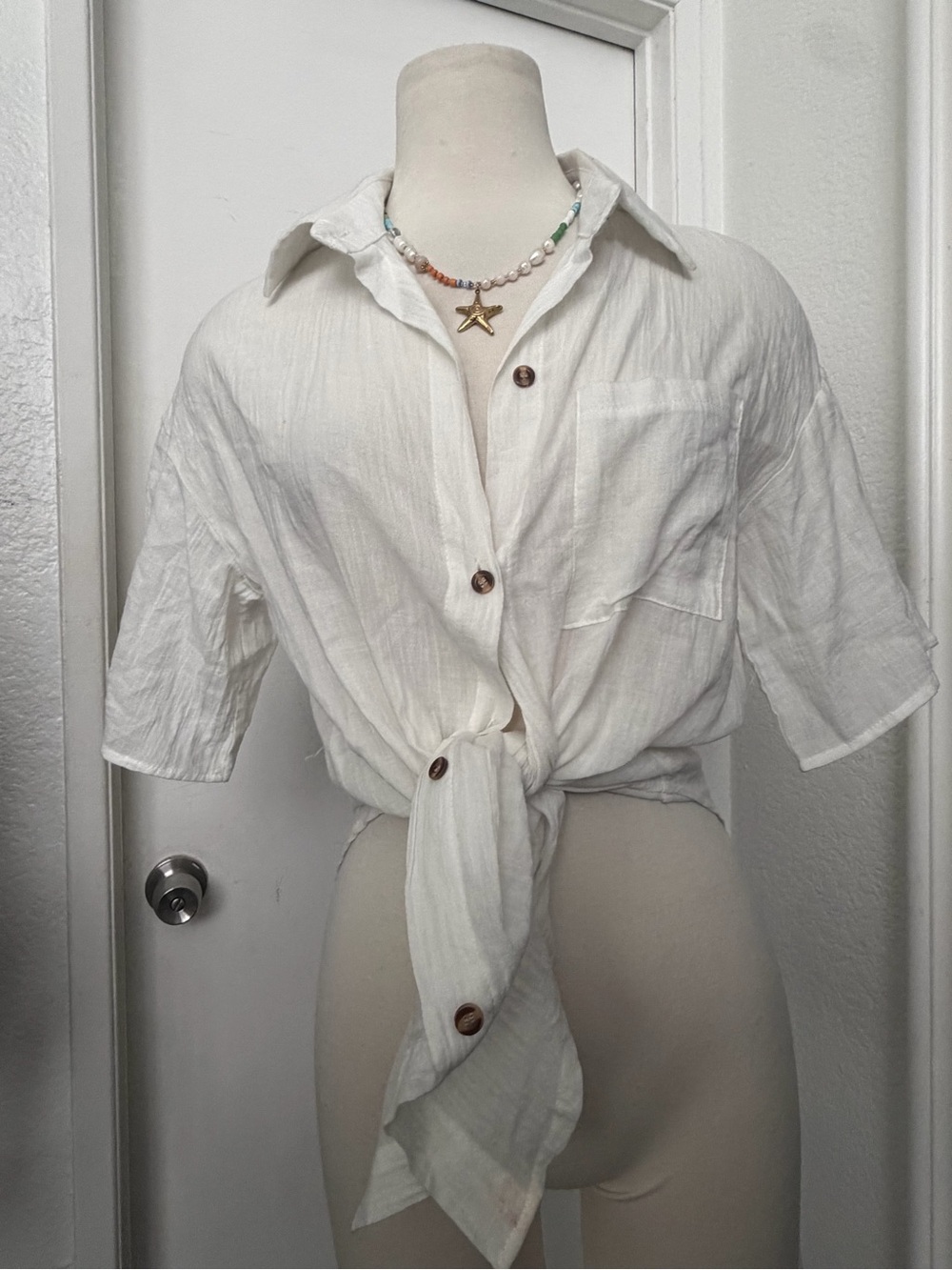 Blackbough White Tie-Front Button Top